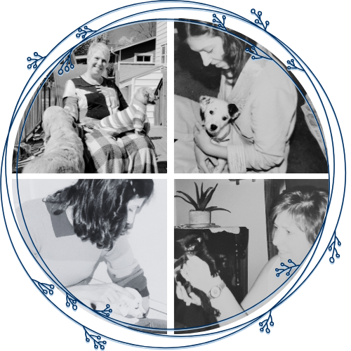 Black and white photo collage of a woman interacting with dogs in various settings, framed with a circular decorative border