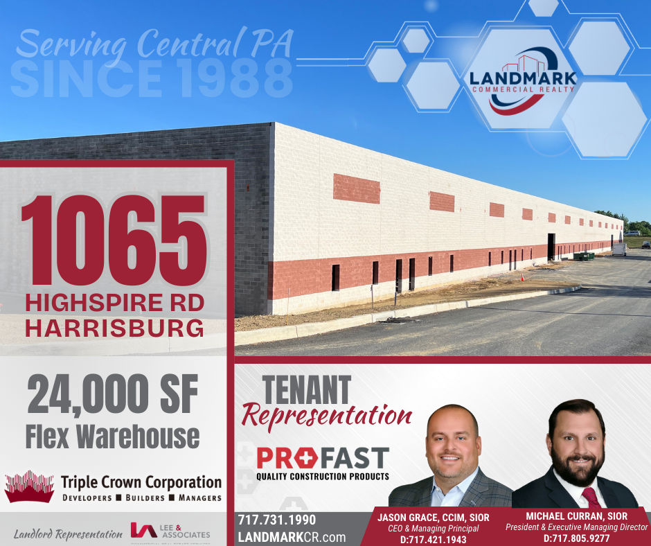 24,000 SF flex warehouse at 1065 Highspire Rd, Harrisburg PA. Listed by Landmark Commercial Realty and Triple Crown Corporation.