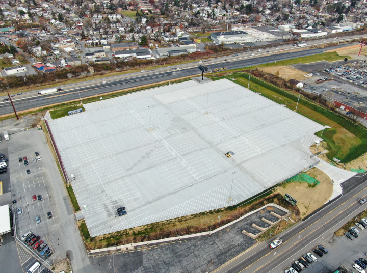 aerial shot of a large parking lot