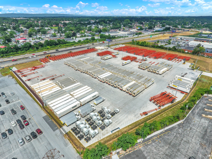 aerial view of a lot full of semi trailers and shipping containers at 2224 Paxton